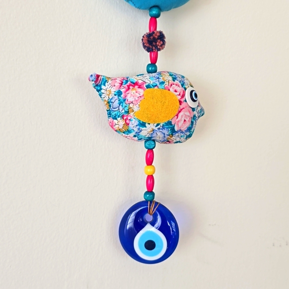 Wall Decorating 3 Colorful Fabric Chickens and Blue Glass Devil eye Handmade - Picture 5 of 9